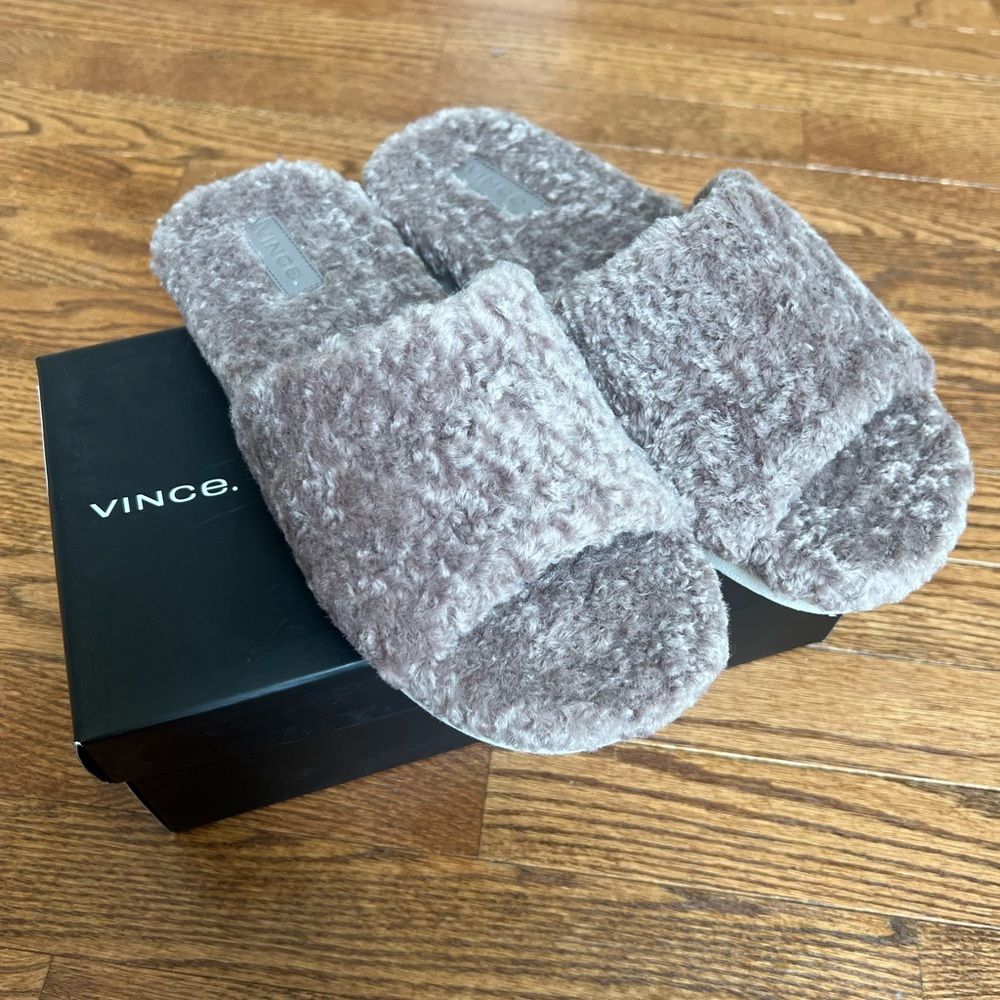 Vince Plush Slippers in Soft Gray
